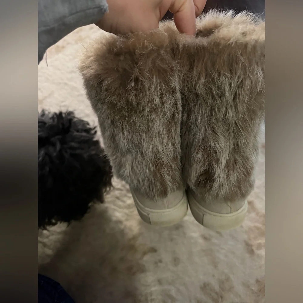TORY BURCH DARK KNOT BEIGE ANGELICA BOOT RABBIT FUR SPLIT SUEDE $450 6 winter